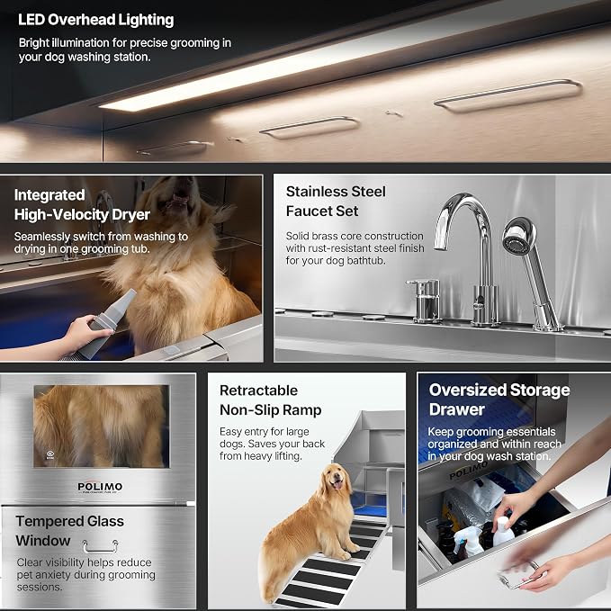 POLIMO Dog Washing Station with Built-in Pet Dryer and LED Display 61" (Left Ramp), 304 Stainless Steel Dog Bathtub for Large Medium Small Dogs, Wash and Dry Grooming Tub with Faucet, Storage Drawer - Image 3
