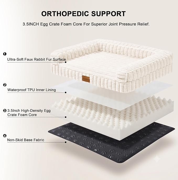 Orthopedic Calming Medium Dog Bed Pet Sofa Bed 30''X20'' Ivory | 3-Sided Pet Couch Medium Size Dog, Soft Egg-Crate Foam Dog Mat, Waterproof Removable Washable Cover, Nonskid Bottom Cat Bed - Image 5