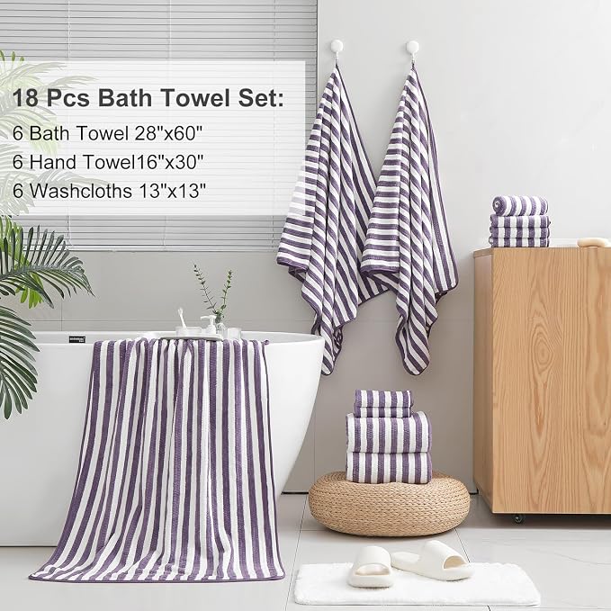 Smuge 18 Pcs Bath Towel Set, Include 6 Bath Towel Sheets, 6 Hand Towels and 6 Washcloths - Highly Absorbent Quick Dry Microfiber,Ultra Soft Bathroom Towel Set with Hanging Loop - Dark Purple - Image 5