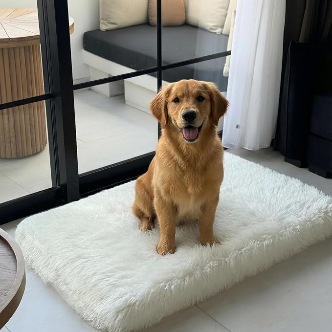 Faux Fur Orthopedic Rectangular Dog Bed, Memory Foam, White XLarge 47"x29" | Plush Sheepskin Style Furry Rug, Calming for Senior and Large Dogs, Washable Waterproof Cover, Fits Crates and Floors - Image 2