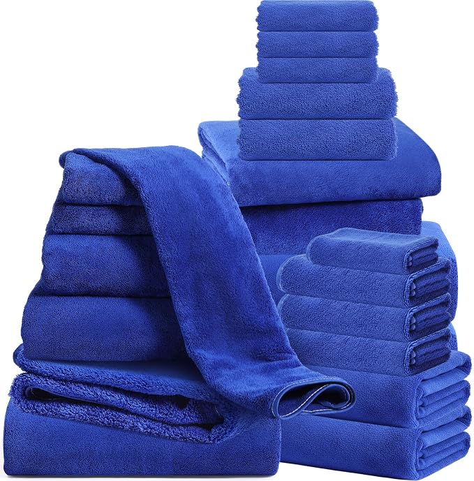 Mixweer 24 Piece Microfiber Absorbent Towel Set: 2 Oversized Bath Sheets, 4 Bath Towels, 6 Hand, 8 Washcloths, 4 Fingertip for Bathroom Spa Gym Camping Beach (Navy Blue) by Mixweer