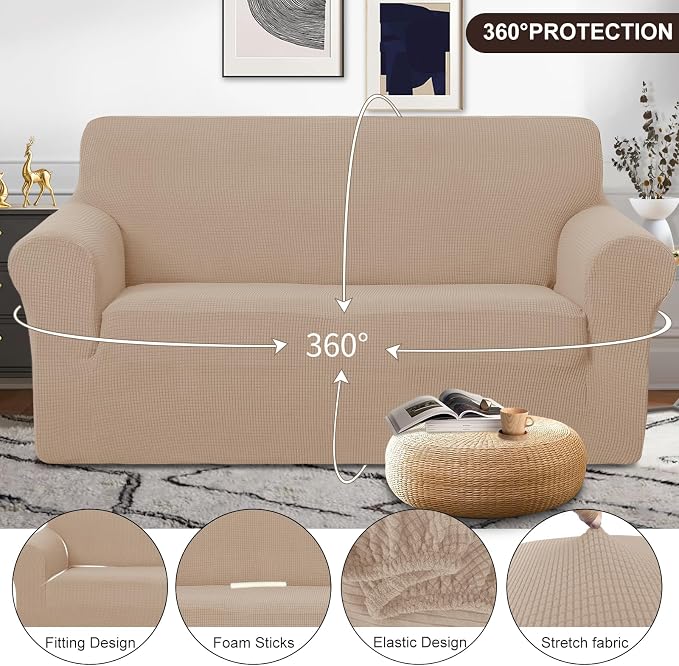 U-NICE HOME Loveseat Cover Stretch Couch Cover Sofa Slipcover, Camel | 2 Cushion Sofa, 1-Piece Sofa cover, Washable, Pet friendly, Furniture protector, Polyester Spandex Jacquard fabric - Image 3