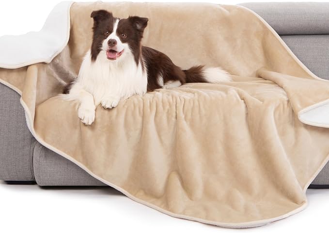 gogobunny Waterproof Bed Blanket, Reversible Sherpa Fleece Throw Blanket for Dog Puppy Cat, Furniture Cover Protects Bed Couch Sofa from Liquid Pee and Pet Fur (Beige, 50x60 inches) by gogobunny