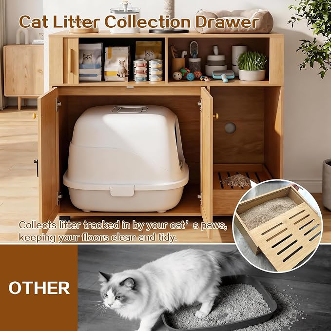 39“ Cat Litter Box Enclosure with Litter Drawer | Large Hidden Litter Box Cabinet,Indoor Cat Washroom Furniture with storage space and ventilation holes - Image 4