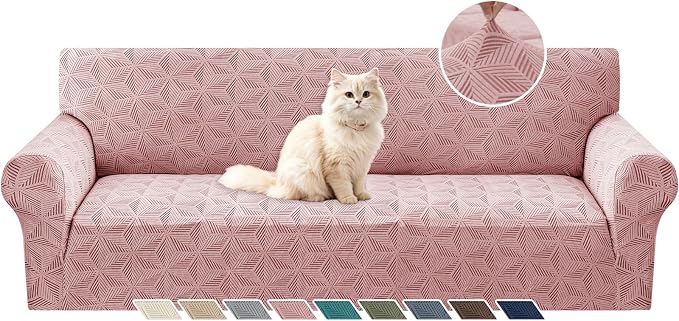 YEMYHOM 1 Piece Stretch Oversized Couch Covers for 4 Seat, Jacquard Extra Large Sofa Cover with Non-Slip Elastic Bottom, Thickened Slipcover Furniture Protector for Dogs Pets (X-Large, Pink） by YEMYHOM