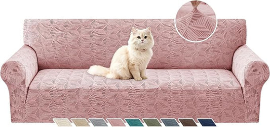 YEMYHOM 1 Piece Stretch Oversized Couch Covers for 4 Seat, Jacquard Extra Large Sofa Cover with Non-Slip Elastic Bottom, Thickened Slipcover Furniture Protector for Dogs Pets (X-Large, Pink） by YEMYHOM
