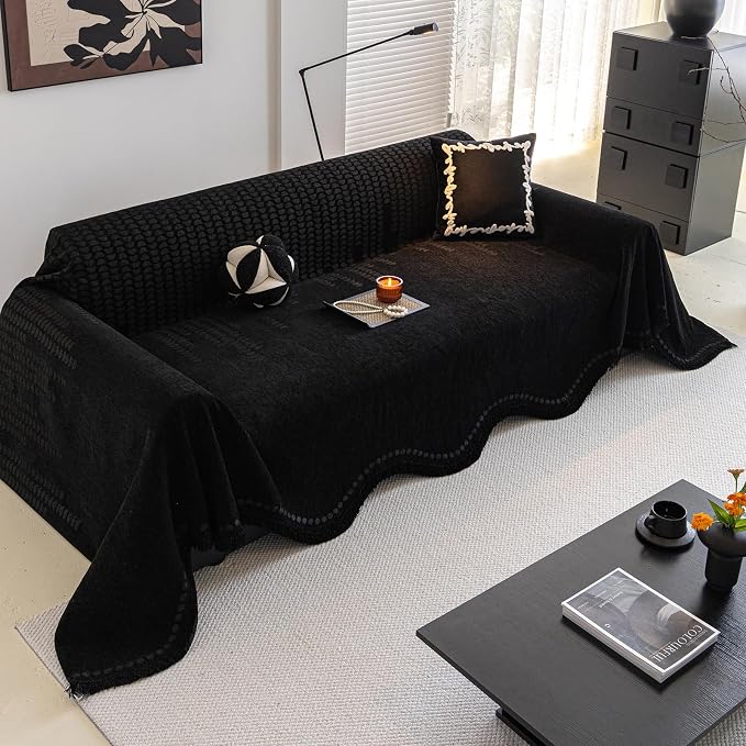 ROOMLIFE Black Sofa Cover, Vintage Boho Couch Cover for 3 Cushion Sofa, Non Slip Soft Chenille Sofa Slipcovers for Dog, Washable Furniture Sofa Protector Cover with Tassel for Living Room, 71''X118” - Image 8