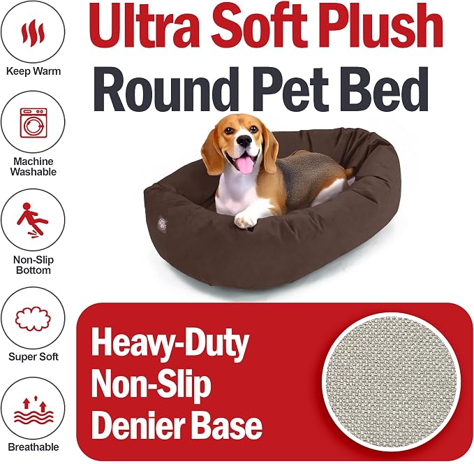 Majestic Pet 32 Inch Suede Calming Dog Bed Washable – Cozy Soft Round Dog Bed w/Spine Support for Dogs to Rest Head - Fluffy Donut Dog Bed 32x23x7 (Inch) - Round Pet Bed Medium – Chocolate (2025) - Image 6