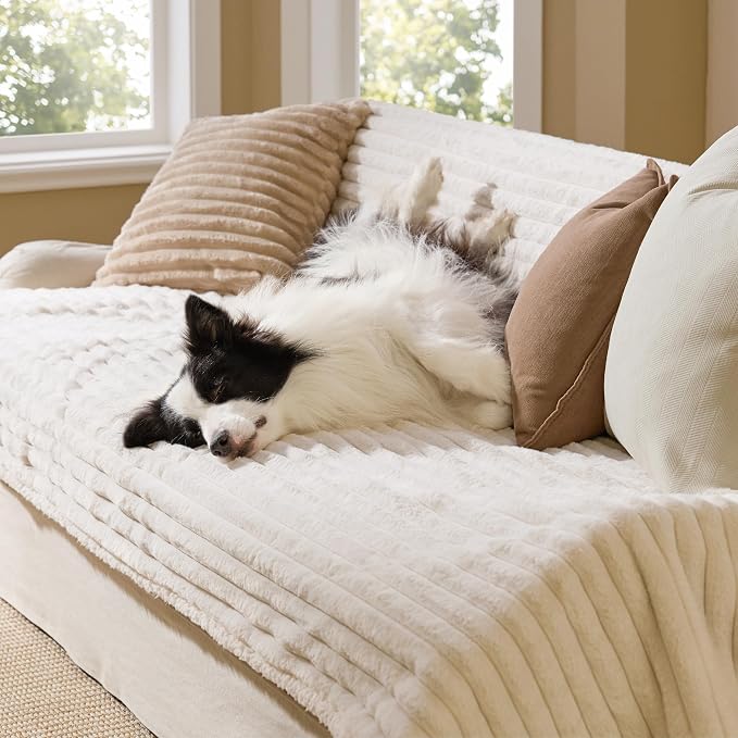 Bedsure ComfyFleece™ Waterproof Blanket for Bed, Twin（60"x80"） Cream | Soft Plush Couch Bed Cover Corduroy Fleece for Furniture Protector, Cozy Calming Reversible Dog Blankets for Large Dogs Pet - Image 2