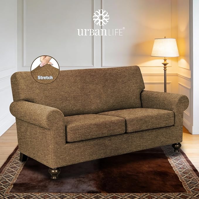URBANLIFE 3-Piece Stretch Sofa Covers for 2 Cushion Couch, Brown | Super fitted spandex slipcovers for couches. Non-slip elastic bottom. Machine washable furniture protector for kids & pets. - Image 2