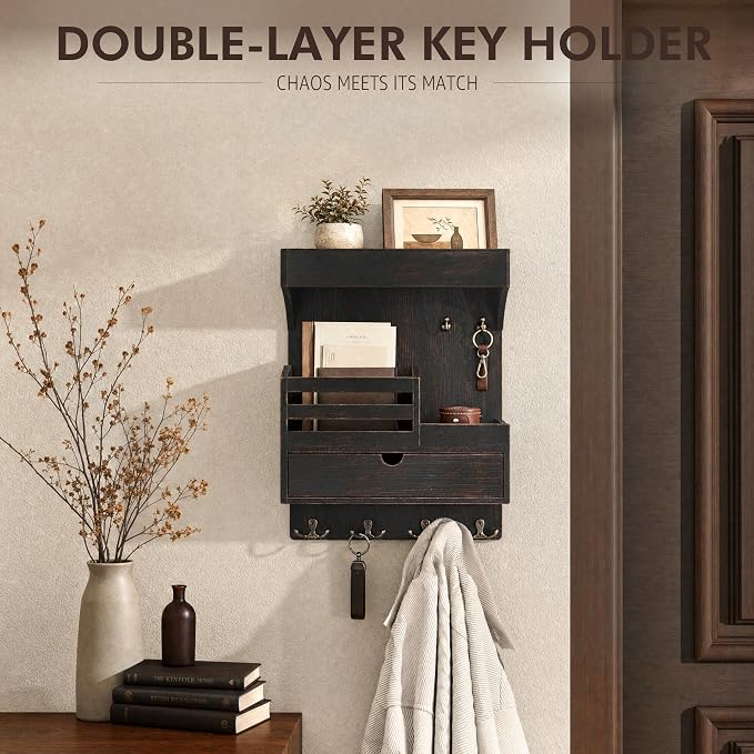 Rebee Vision Key Holder Wall Mount with Shelf for Entryway,Distressed Black | Pine Wood, Key Holder for Wall, 6 Key Hooks, Shelf, Plant Display, Drawer Organizer, Mail Organizer, Home Decor Aesthetic - Image 3