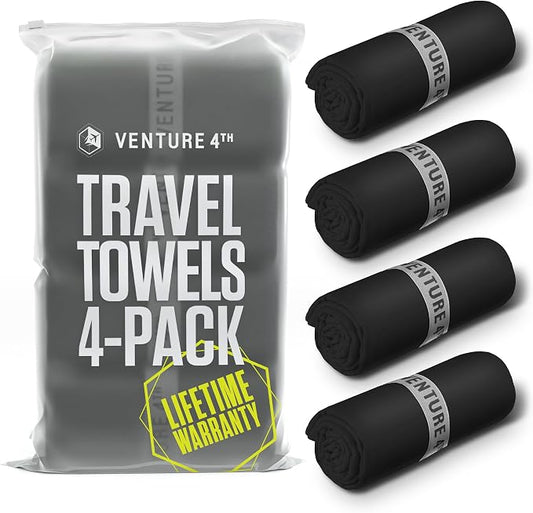 VENTURE 4TH 4-Pack Quick Dry Microfiber Towels - Black Large | Absorbs 7x more than cotton. Fast-drying, odor-resistant microfiber. Lightweight, compact & easy to pack for any trip. by VENTURE4TH