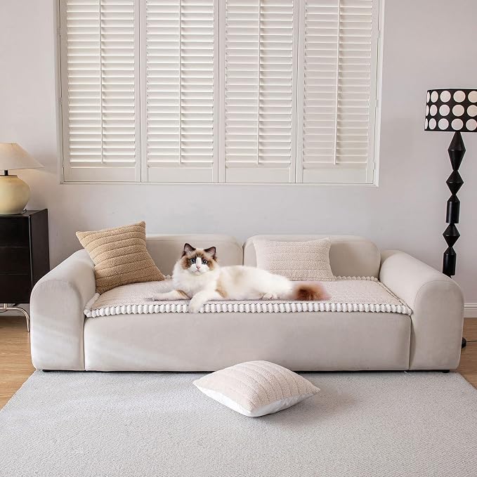 STACYPIK Fuzzy Beige Couch Cover for Large Dogs, Non Slip Sherpa Sofa Cover, Geometric Striped Furniture Protector for 3 Cushion Couch Multi-use Dog Bed Mats Living Room Home Decor-27.6x70.9IN - Image 4