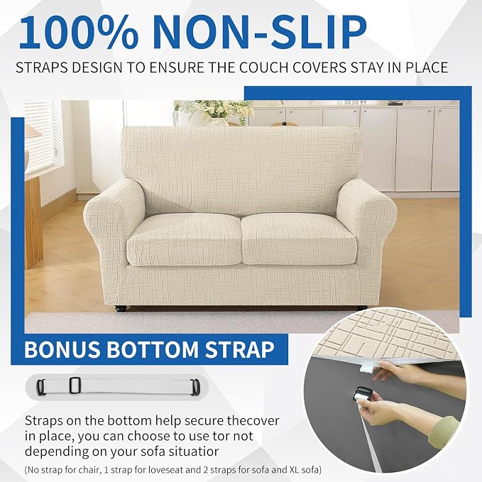 CYCMCAO 3 Piece Stretch Sofa Cover Couch Covers for 2 Cushion Couch, Non Slip Loveseat Covers, Sofa Covers Washable with Elastic Bottom for Kids, Dogs (Beige), 55"-69" (2 Cushion Loveseat) - Image 7