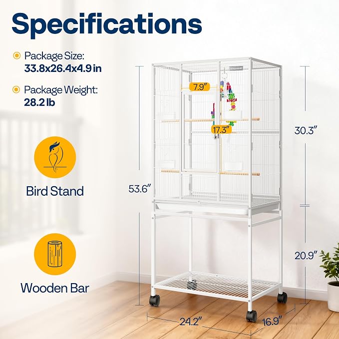 VIVOHOME 54 Inch Wrought Iron Large Bird Cage with Rolling Stand | Bird Flight Cage with Stand, Casters, Slide-out Tray for Parakeets Canaries Parrot Cockatiels Lovebirds Conures, Whtie - Image 7
