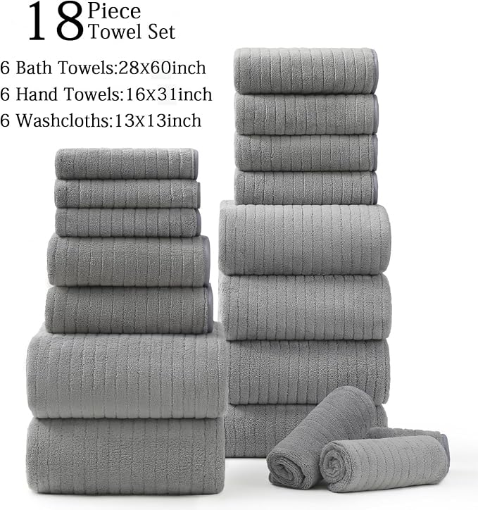 Hailea 18 Piece Family Bath Towel Set Include 6 Bath Towels,6 Hand Towels and 6 Washcloths Soft Bathroom Towel with Hanging Loops,Highly Absorbent Quick Dry Towels Set for Bathroom,Hotel and Spa-Grey - Image 9