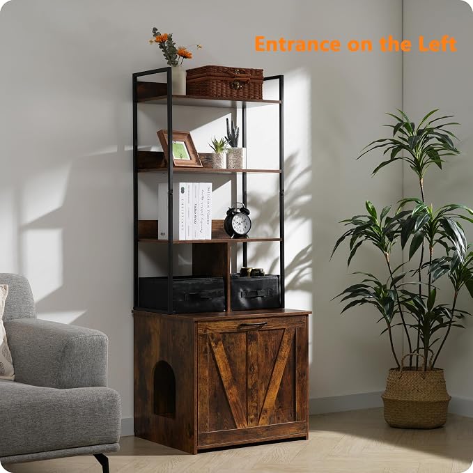 Dwanton Litter Box Enclosure with 3 Storage Shelves and 2 Drawers, 2-in-1 Hidden Cat Litter Box Enclosure Furniture with Shelf, Reversible Entrance, Washable Drawers, 61.8-Inch, Rustic Brown - Image 9