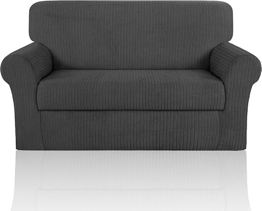 Loveseat Cover Stretching Skid Resistance Couch Cover for Pets Washable, Thick and Durable Soft High Spandex Striped Pattern Sofa Covers, Form Fitted Love Seat Slipcover(Loveseat, Dark Gray) by ChengEase