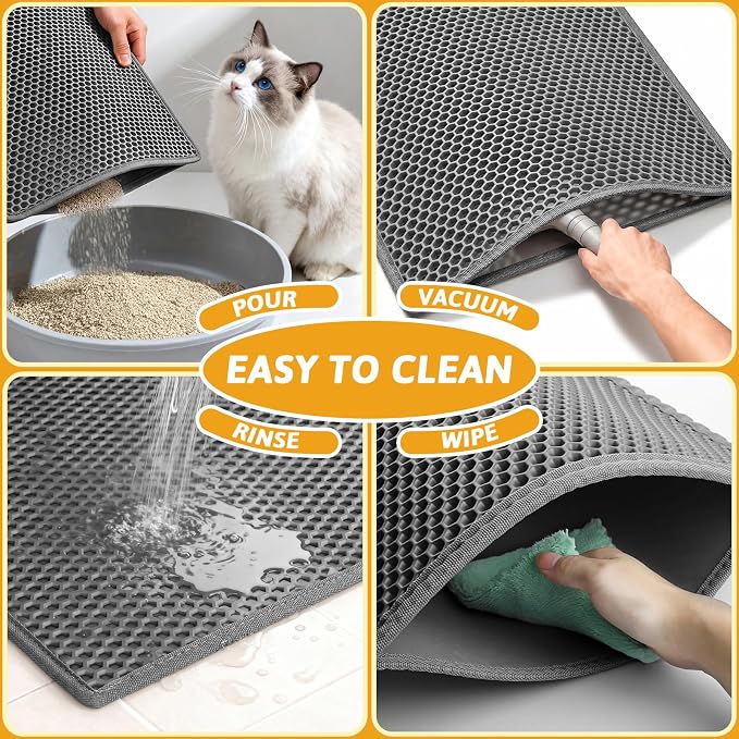 Pieviev Cat Litter Mat Double Layer Waterproof Urine Proof Trapping Mat 1 Pack (Gray, 24x15 Inch (Pack of 1)) | Honeycomb Design Catches Scattered Particles to Stop Tracking, Urineproof Base Protects Floors, Easy to Clean - Image 6