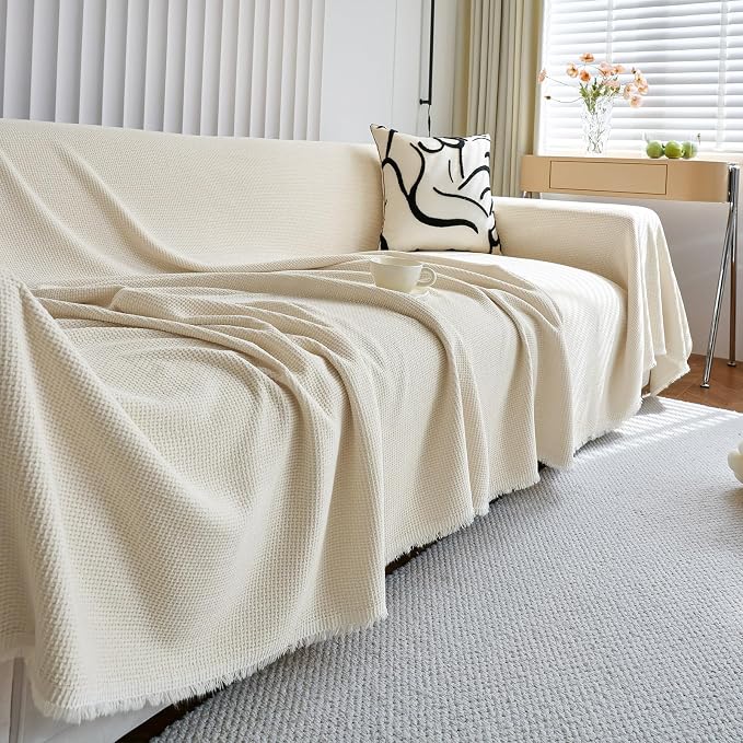 Beige Chenille Couch Cover for Dogs Kids Solid Sofa Cover with Tassels for Loveseat Chaise Lounge Armless Sofa Furniture Protector for Pet Scratching, Machine Washable 71''×118'' - Image 4