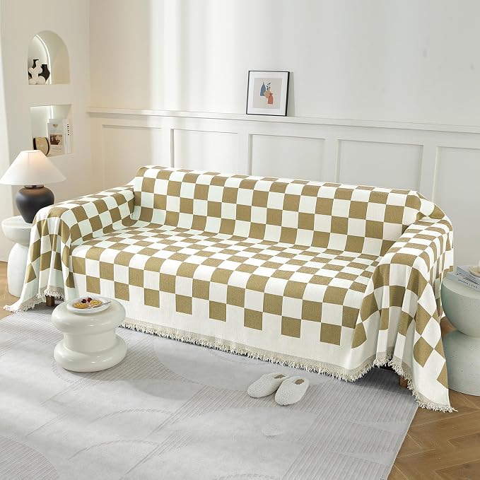 Couch Cover for Sofa, Boho Sofa Cover Washable Couch Cover for Dogs, Pet Sofa Cover for 3-Cushion Couches with Tassel Furniture Protector Cover,71" x 134",Khaki-Square - Image 2