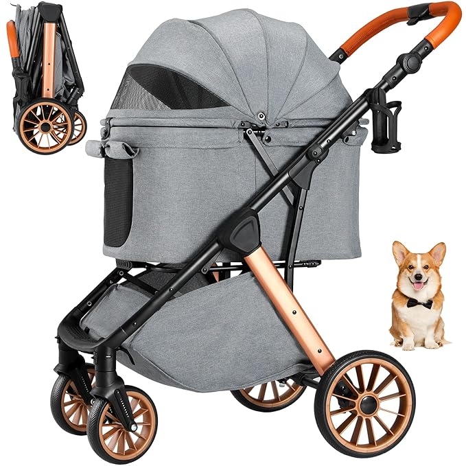 MAMIZO Foldable Dog Stroller for Medium Dogs Cats Up to 55 Lbs, Adjustable Height Handle, Pet Stroller with Aluminum and Carbon Steel Frame, Sun Shades, Storage Basket & Shock Absorbers, All-Terrain
