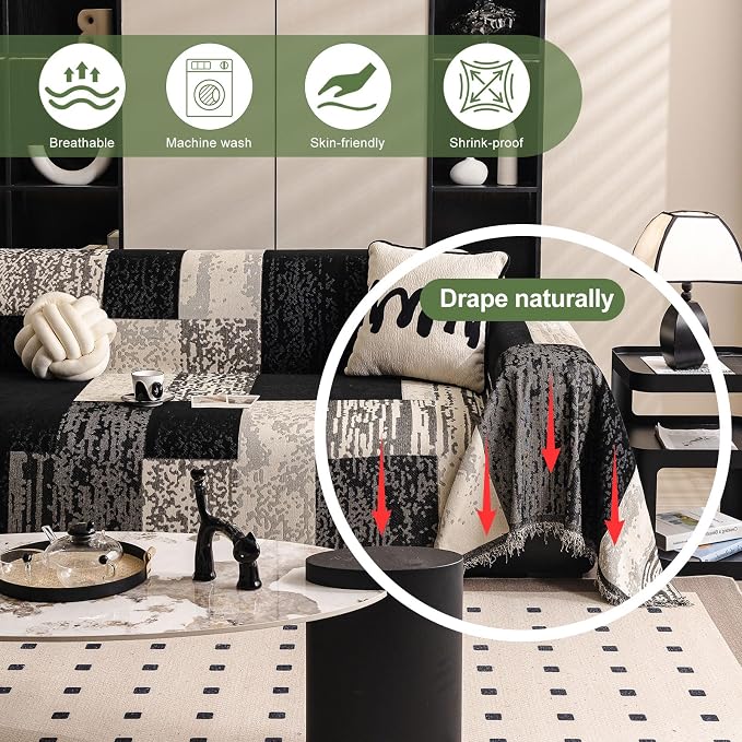 ROOMLIFE Boho Couch Covers for Sofa Washable for 3 Cushion Couch, Chenille | Furniture Protector Sofa Couch Cover for Dogs, Soft Breathable Sofa Slipcover, Couch Throw Blankets with Tassels 71''X134'' - Image 2
