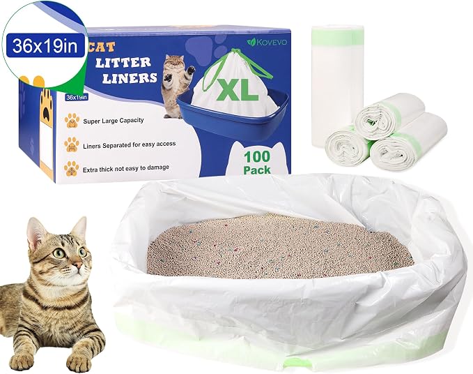 100 PCS Jumbo Cat Litter Box Liners for Large Litter Tray, 36"x19" | 3MIL Extra Thick, Heavy Duty, Tear & Leak Resistant, Drawstring Close - Image 8