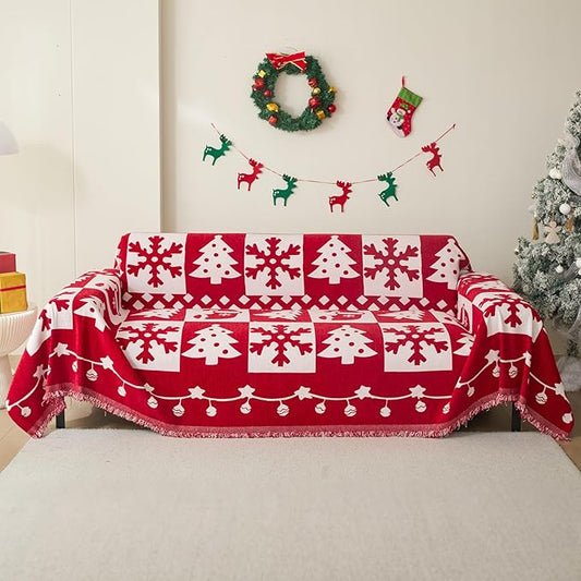 MEETSKY Christmas Couch Cover for Sectional Sofa, Chenille Red Sofa Covers Washable for Pet Friendly Snowflake Christmas Tree Decorative Couch Covers, 71" x 134" by MEETSKY