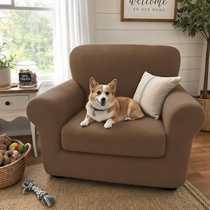 XINEAGE New 2 Pieces Chair Covers with Arms Super Stretch Chair Slipcover for Living Room Pet Dog Universal Slip Cover Anti Slip Armchair Furniture Protector (Brown), 31"-46"(1 Cushion) - Image 3