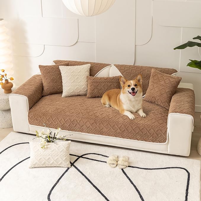OTOB Couch Cover for Dogs All Season, Non Slip Washable Geometric Jacquard Soft Plush Pet Couch Covers, Cozy Sectional Dog Cat Furniture Protector Sofa Slipcovers, 1 Piece (Coffee, 35.4"x94.5") - Image 9