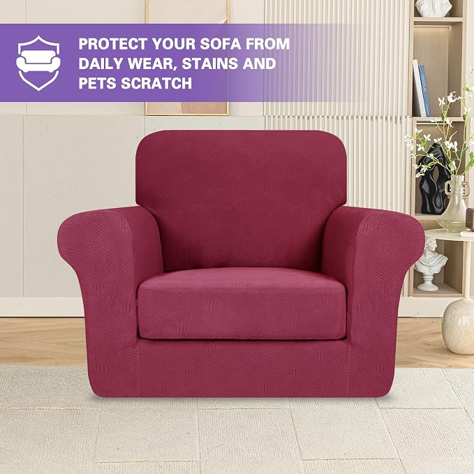 ZNSAYOTX 2 Piece Stretch Chair Covers (31"-46"), Thick Striped Armchair Slipcover with Elastic Band Bottom Ties Non-Slip Stay in Place, Soft Durable Arm Chair Covers for Living Room, Wine Red - Image 2