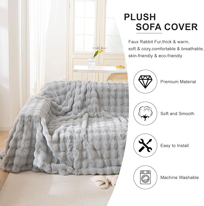 Ultra Soft Faux Rabbit Fur Sofa Covers for 3-4 Cushion Couches, Grey | 1 Piece Non-Slip Couch Covers for Home Decor Warm Cozy Sofa Slipcover Washable for L-Shaped Sofas, 71x150 Inches - Image 5