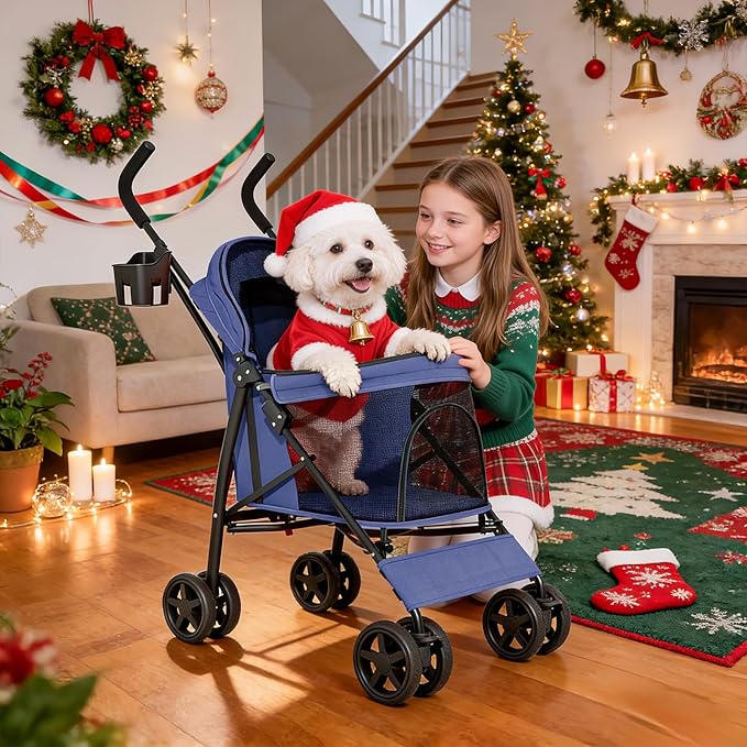 MoNiBloom 4 Wheels Pet Stroller, Easy-Fold Puppy Cage Jogger Stroller with Sun Cover, Pad and Rear Storage Bag, Breathable and Visible Mesh for Small/Medium Pets up to 22 lbs, Navy Blue