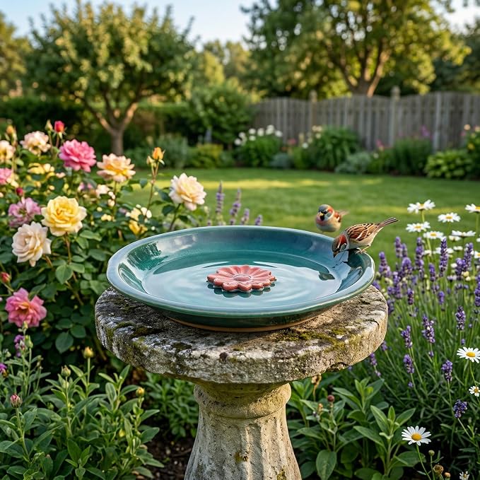 Topadorn 12.2'' Ceramic Birdbath & Birdfeeder for Small Birds Outdoors | 2" Depth Bird Bath Bowl For Vintage Garden Patio Yard Lawn Decor, Blue with Red Flower - Image 3