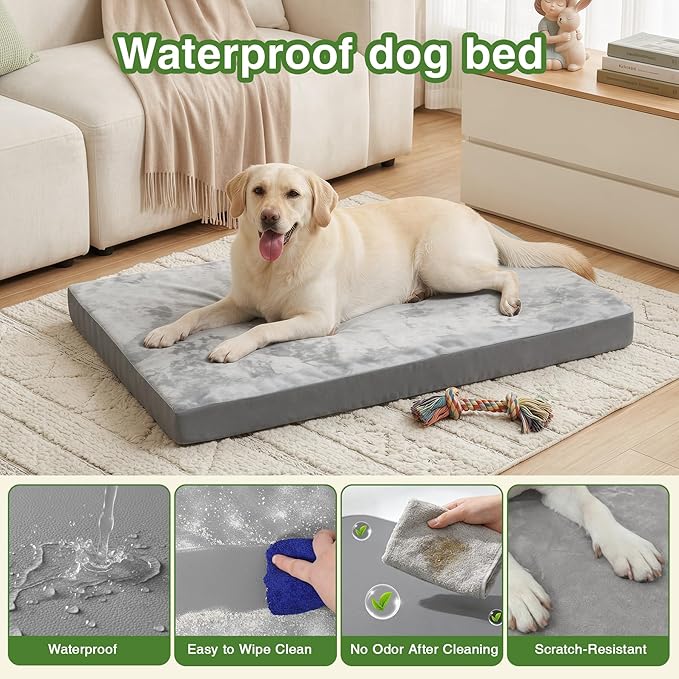 Waterproof Outdoor Dog Bed Large Sized, Washable Crate Pad 35" Orthopedic | Reversible Faux Leather & Flannel, Durable Removable Cover, Pet Bed Foam, Anti-Slip Bottom,Kennel Pad 35"x22" Gray - Image 2