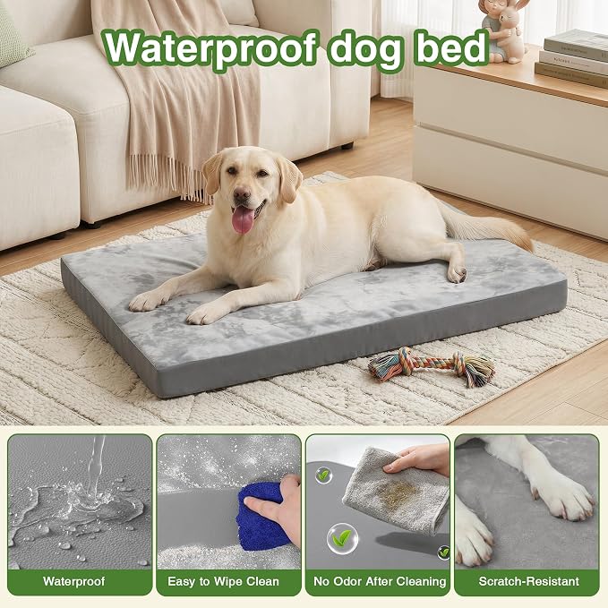 Waterproof XL Dog Beds Large Sized Dog, Outdoor Washable Foam Crate Pad 42" | Extra Large Orthopedic Pet Bed, Durable Removable Cover, Reversible Faux Leather & Flannel, Anti-Sli Kennel Pad 41"x27" Gray - Image 2