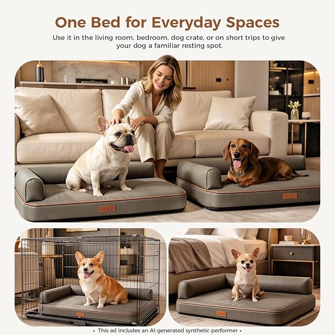 Outdoor Waterproof Dog Bed for Small Dogs, Egg Crate Foam Crate Pad with Raised Bolster, Removable Washable Leather-Look Cover, Non-Slip Bottom, Gray, for Dogs Up to 20 in. Long - Image 5