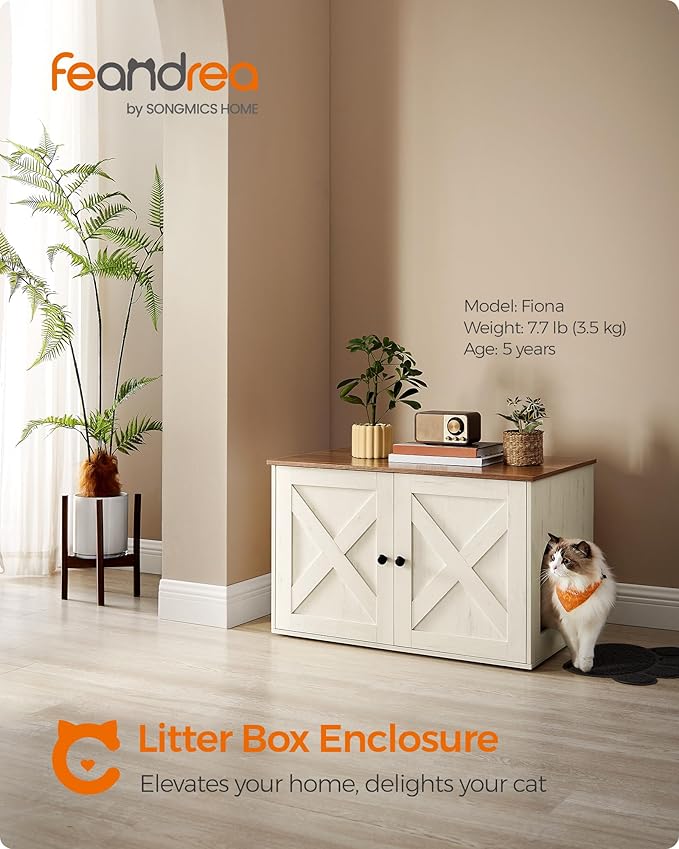 Feandrea Cat Litter Box Enclosure, Litter Box Furniture Hidden with Removable Divider, Indoor Cat House, End Table, 31.5 x 20.9 x 19.7 Inches, Honey Brown and Rustic White UPCL002P01 - Image 2