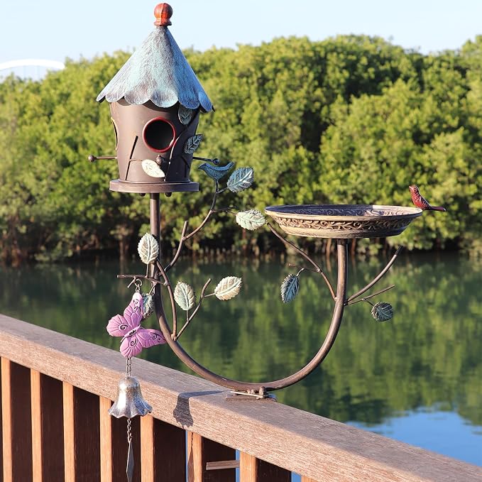 Deck Bird Bath, Metal Bird Bath and Bird Houses, Deck Mounted Bird Bath | Detachable and Adjustable Sturdy Deck Bird Bath for Outdoor Porch Yard Garden Decoration - Image 2