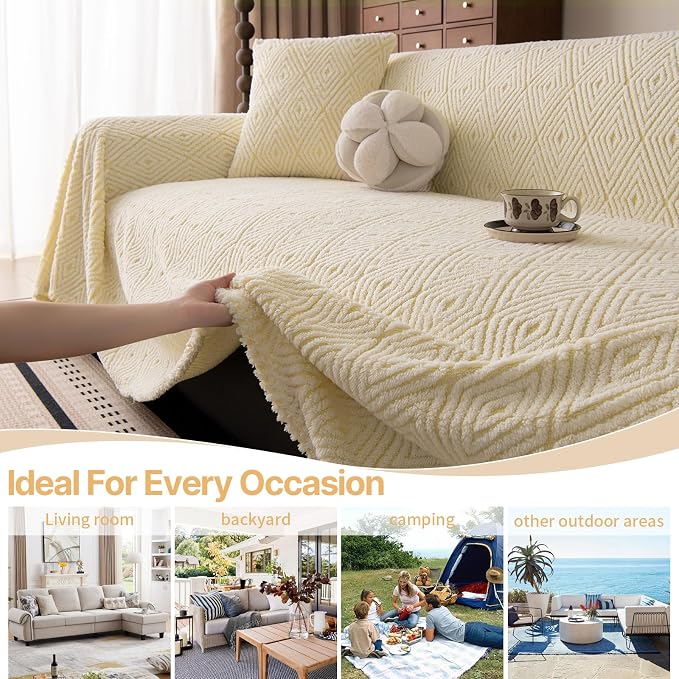 ROOMLIFE Striped Boho White Couch Cover for 2-3 Cushion Sofa, Fuzzy Plush Warm Sofa Slipcovers Sectional Sofas Covers, Non Slip Washable Furniture Protector Soft with Tassel,Winter 71''X134” - Image 3