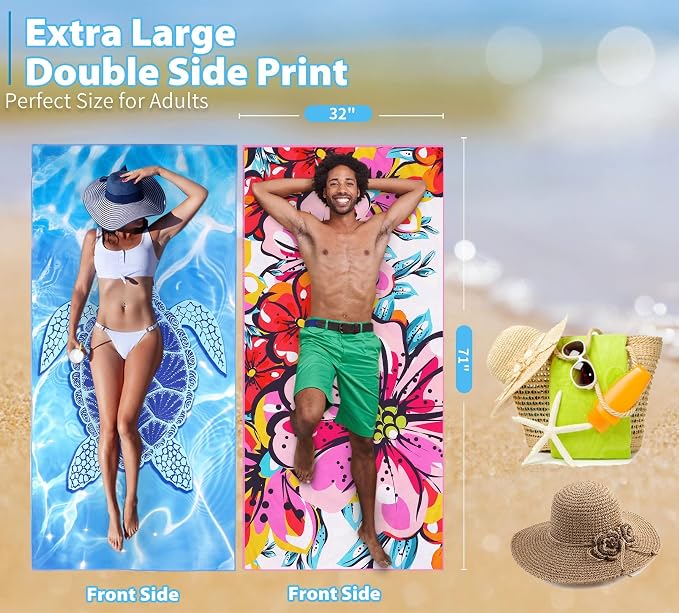 TwoYek Microfiber Beach Towel Extra Large 71x32 Turtle Floral 2 Pack | Thin & Lightweight, Sand Free, Super Absorbent & Quick Dry, Oversized Towels for Beach Bath Pool Swim Travel Essentials Gift - Image 3