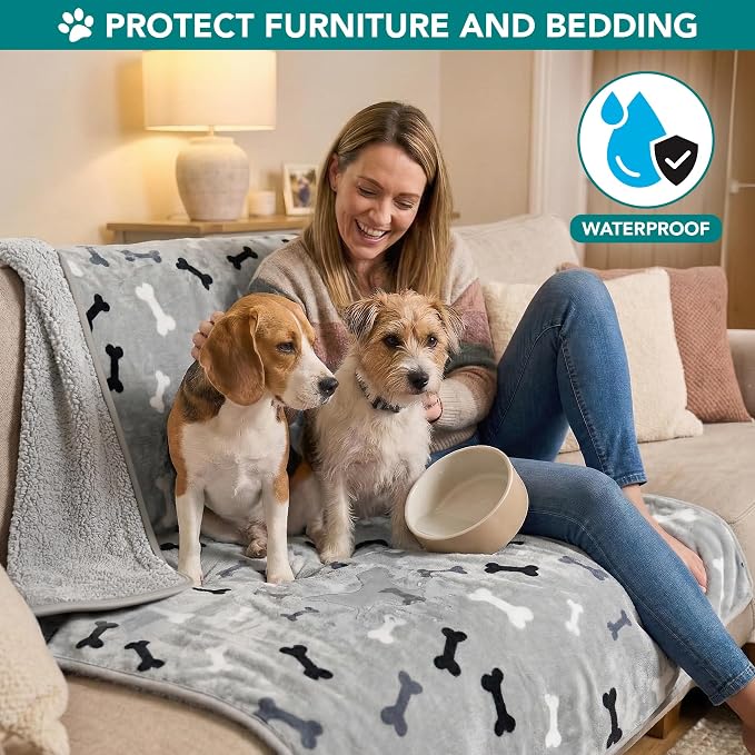 PetAmi Premium Waterproof Dog Blanket for Large Dogs, Reversible Sherpa & Flannel Fleece, Leakproof Pet Throw for Couch Protection, Soft Plush Furniture Protector for Cats, Washable, 60x80 Bone Grey - Image 7