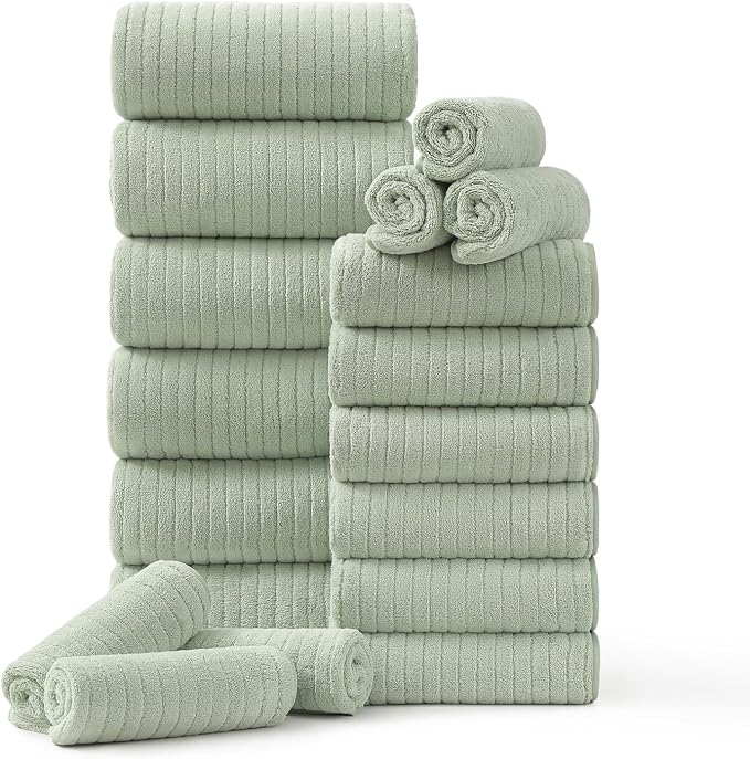 18 Piece Family Bath Towel Set Include 6 Bath Towels,6 Hand Towels and 6 Washcloths Soft Bathroom Towel with Hanging Loops,Highly Absorbent Quick Dry Towels Set for Bathroom,Hotel and Spa-Green by Hailea
