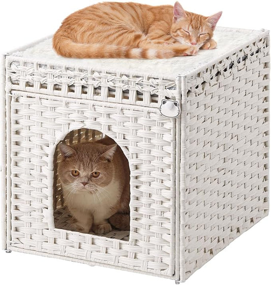 SETVSON Cat Houses for Indoor Cats Extra Large Double Cat Cave, White | Decorative Furniture Look, Private Hideaway for Shy Cats, Soft Dual-Purpose Cushion, Easy Wipe-Clean PE Rattan, Collapsible by SETVSON