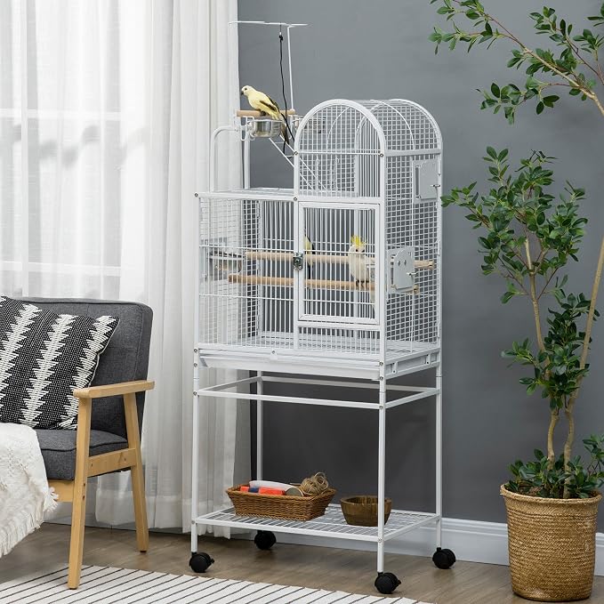 PawHut 55" Large Parrot Cage with Toy Hooks Above Top Bird Perch, Tray, Food Cups, Rolling Stand, Bird Cage for Cockatiels, Parakeets, Lovebirds | Above Top Bird Perch, Rolling Stand, for Cockatiels, Parakeets, Lovebirds - Image 2