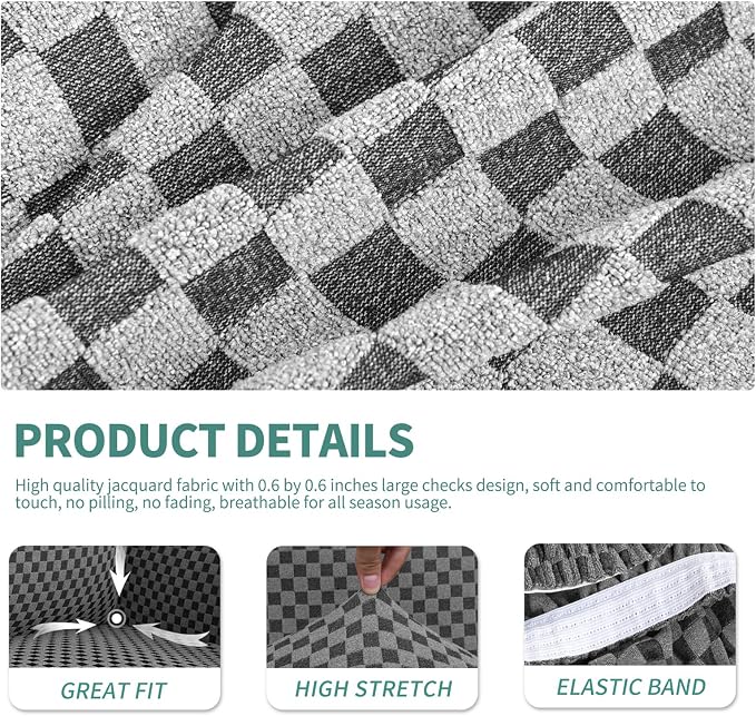YEMYHOM Latest Checkered 4 Pieces Couch Covers for 3 Cushion Couch High Stretch Thickened Sofa Cover for Dogs Pets Living Room Anti Slip Elastic Slipcovers (Dark Gray Checkered), 71"-91"(3 Cushions) - Image 4