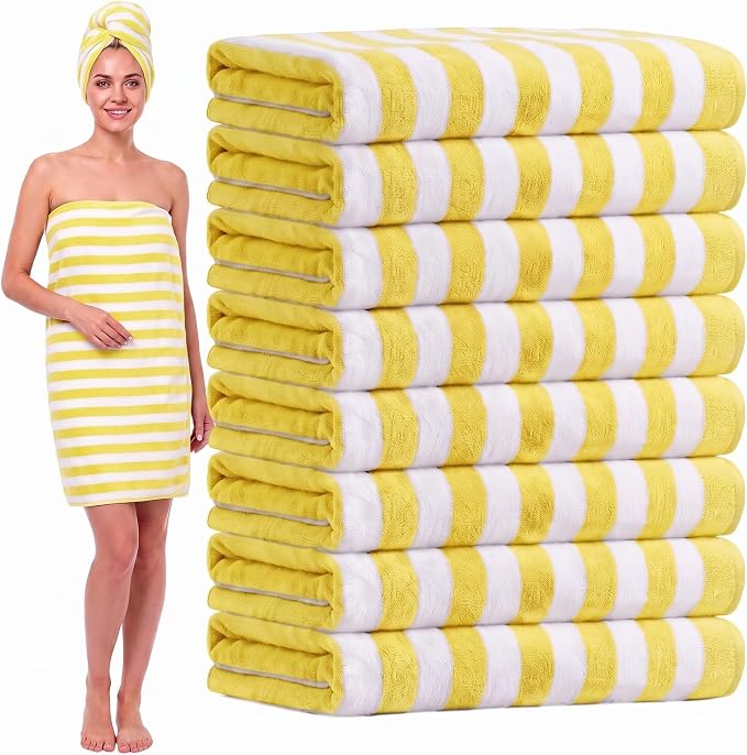 SmoothNovelty 8 Pack Microfiber Bath Towels Bulk 27'' x 60'' Oversized Bath Towel Highly Absorbent Extra Large Shower Sheets Soft Drying for Beach Pool Bathroom Salon Party(Wide Stripe,Yellow) by SmoothNovelty