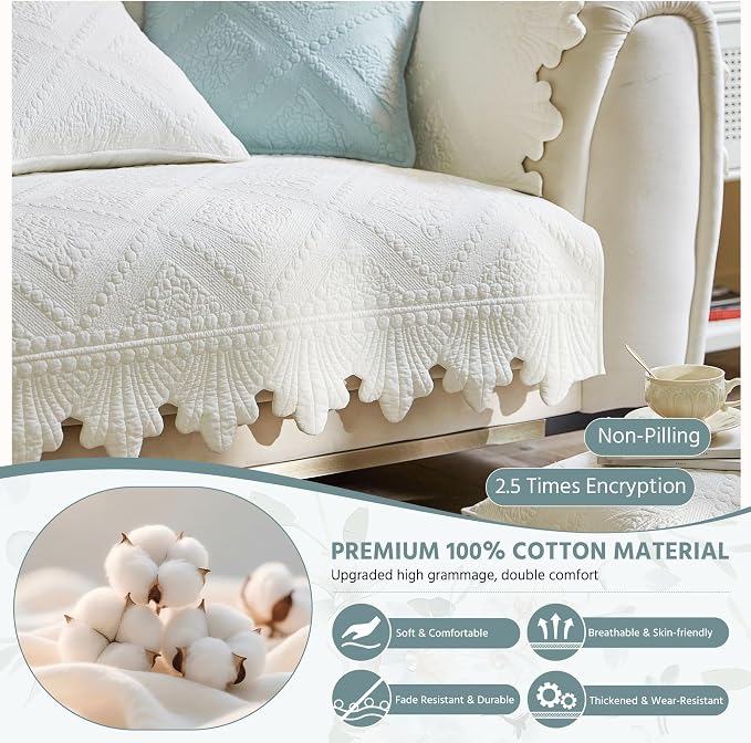 OTOB Quilted Pet Couch Cover Washable, Non-Slip Sofa Protector, 1 Piece | Ivory, 27.6"x59.1", Premium Cotton, Rustic Farmhouse Embroidery, All Seasons, Soft Thick, Breathable, Wear-Resistant - Image 3