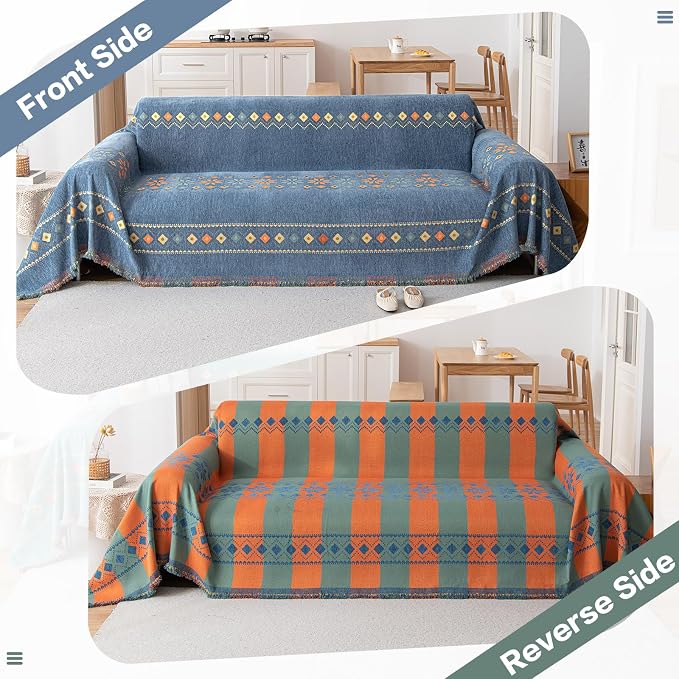 DREAMINGO Couch Cover Chenille Boho Sofa Covers for Dog Reversible Geometric Couch Throw Cover Sectional Couch Covers for 3 Cushion Couch L Shaped Sofa Cover Blue Furniture Protector, 71"x134" - Image 6